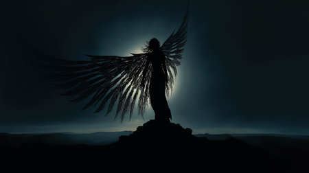 Silhouette of an angel with wings against a dark background.の素材
