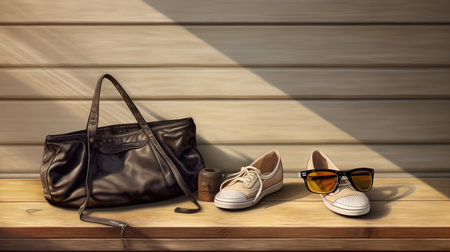 Women's accessories on a wooden background. Bag, shoes, sunglasses.の素材