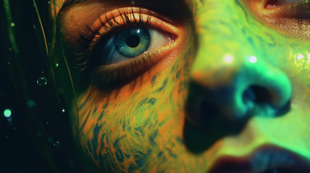 Close-up portrait of young woman with green face art. Beauty, fashion.の素材