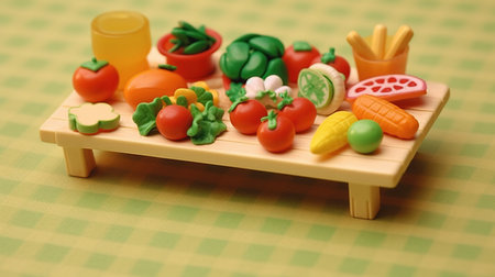 Plastic fruits and vegetables on a wooden table with green background.の素材