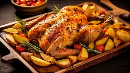 Roast chicken with potatoes and rosemary on a wooden tray.の素材