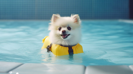 Cute Pomeranian Spitz swimming in a swimming pool.の素材