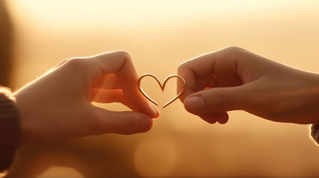Close-up of two hands holding a heart shape on sunset backgroundの素材
