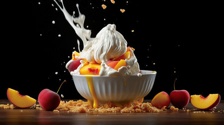 Fruit salad in a white bowl with splashes on a black backgroundの素材