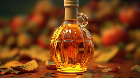 Apple cider vinegar in a glass bottle on a table with autumn leaves.の素材