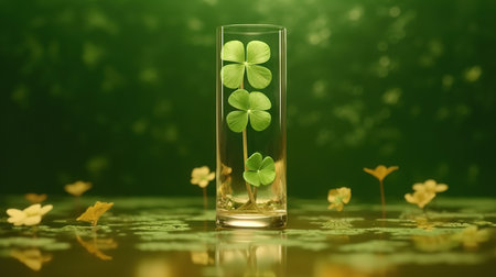 Glass of water with clover leaves on green bokeh backgroundの素材