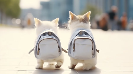 Cute little white kitten and blue backpack on the city street.の素材