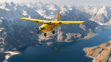 Small yellow airplane flying over alpine lake. 3D illustration.の素材