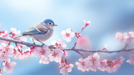 Blue bird on cherry blossom branch with copy space for your textの素材