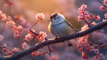 Cute little bird on a branch with sakura flowers in the backgroundの素材