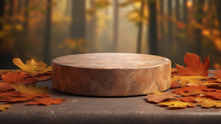 Wooden podium on the background of autumn leaves. 3d renderの素材