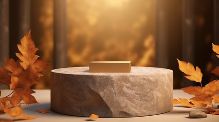 3d render of golden podium for product display with autumn leaves.の素材
