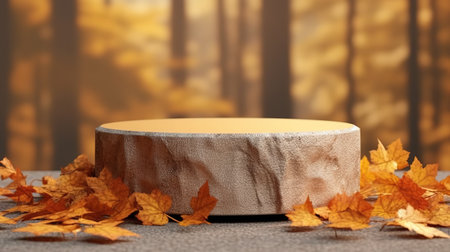 Autumn scene with round podium and fallen leaves. 3d renderの素材