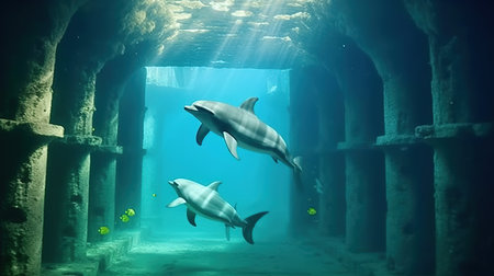 Dolphins swimming underwater in a deep blue sea cave, 3d renderingの素材