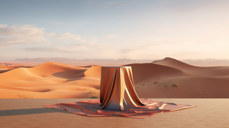 3d render of desert landscape with a podium and sand dunesの素材