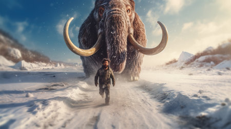 Mammoth walking on snowy road in winter forest. 3d renderingの素材