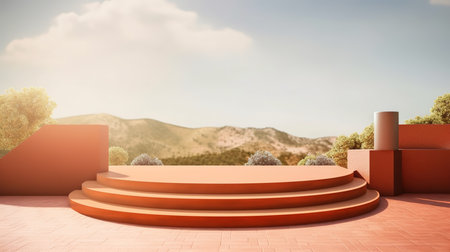 3d rendering of orange podium on the terrace with mountain viewの素材