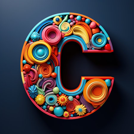 C letter colorful design with flowers and petals. 3D illustrationの素材