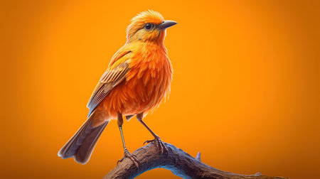 Colorful bird on a branch isolated on orange background. Studio shot.の素材