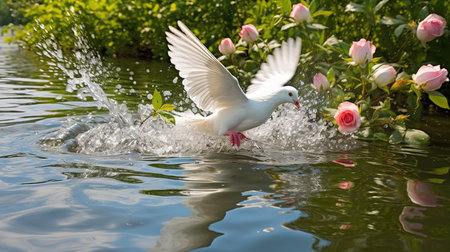 White dove flying in the water with pink roses in the background.の素材