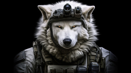 Portrait of a wolf in a military helmet on a black backgroundの素材