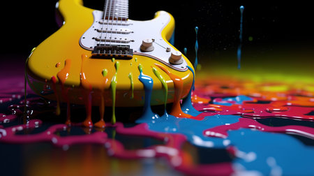 Electric guitar with colorful paint splashes on black background, closeupの素材