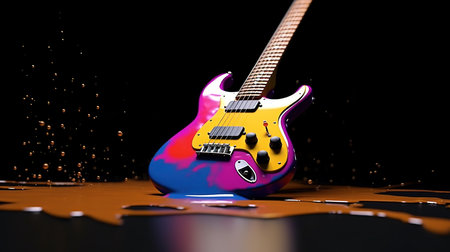 3d illustration of electric guitar on black background with splashes of oilの素材