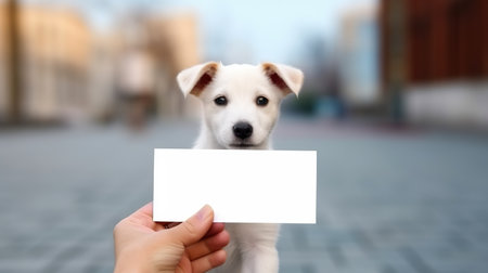 Cute puppy with blank card in hand on blurred background, closeupの素材