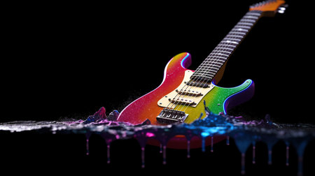 Colorful electric guitar on a black background. Close-up.の素材