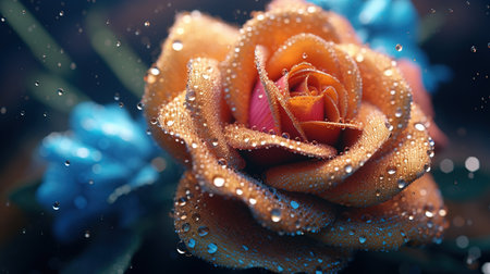 Beautiful rose with water drops on dark background, close-upの素材