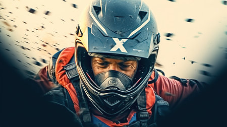 Racing driver in protective gear. Extreme sport and competition concept.の素材