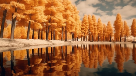 Pine tree forest with reflection in water. Colorful autumn landscape.の素材