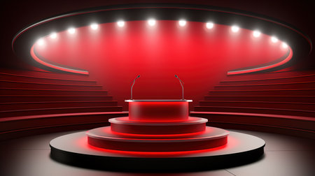 Stage podium with lighting, Stage Podium Scene with for Award Ceremony on red Background, Vector illustrationの素材