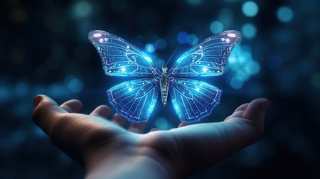 Businessman on blurred background holding and touching holographic butterfly 3D renderingの素材