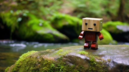 wooden toy robot sitting on a mossy stone with a waterfall in the backgroundの素材