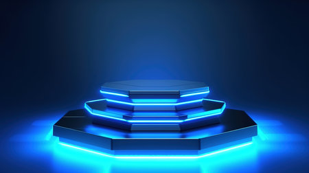 3d render, abstract blue neon background, round podium, empty pedestalの素材