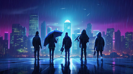 Silhouette of a group of people with an umbrella against the background of the night cityの素材