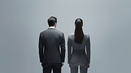 Businessman and businesswoman looking at each other in a grey backgroundの素材