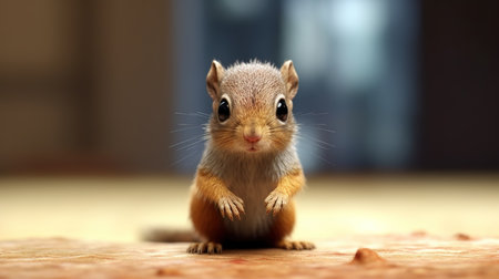 Closeup of a chipmunk sitting on a wooden floor.の素材