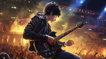 Young man playing electric guitar on stage with lights and smoke on backgroundの素材