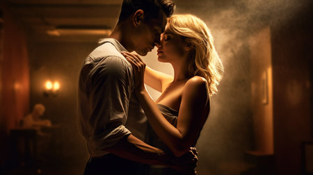Side view of a passionate couple embracing each other in the dark roomの素材