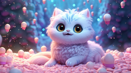 Cute white kitten sitting in the snow with balloons in the backgroundの素材