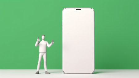 3d rendering of a white man with a smartphone on a green backgroundの素材