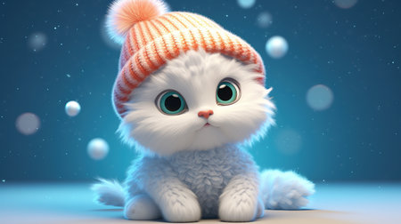 Cute cartoon kitten in a winter hat. 3D rendering.の素材