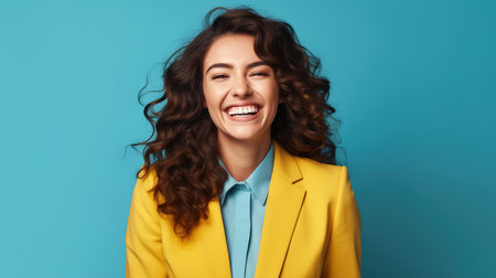 happy young woman in yellow jacket and blue shirt laughing on blue backgroundの素材