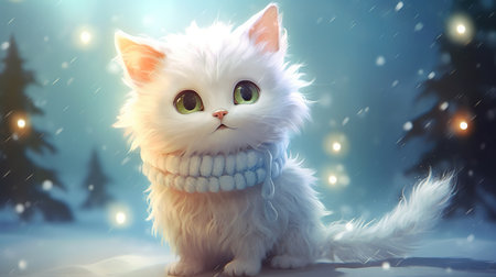 White cat with green eyes and white teeth sitting in the snow.の素材