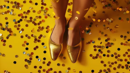 Womens legs in golden shoes and confetti on a yellow backgroundの素材