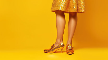 cropped view of woman in golden dress and high heel shoes on yellow backgroundの素材