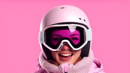 Portrait of a beautiful young woman in a ski suit and helmet on a pink backgroundの素材