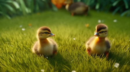 Cute ducklings on green grass in the garden. Selective focus.の素材